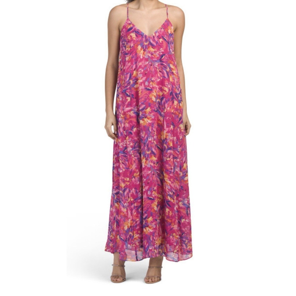 Nicole Miller Floral Charmeuse Satin Slip Maxi Dress Artsy Watercolor Size Large